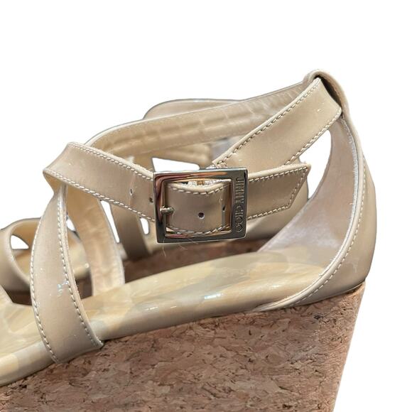 Jimmy Choo Portia Platform Wedge Sandal Beige Patent Leather Womens 35 / US 5 - Picture 2 of 10